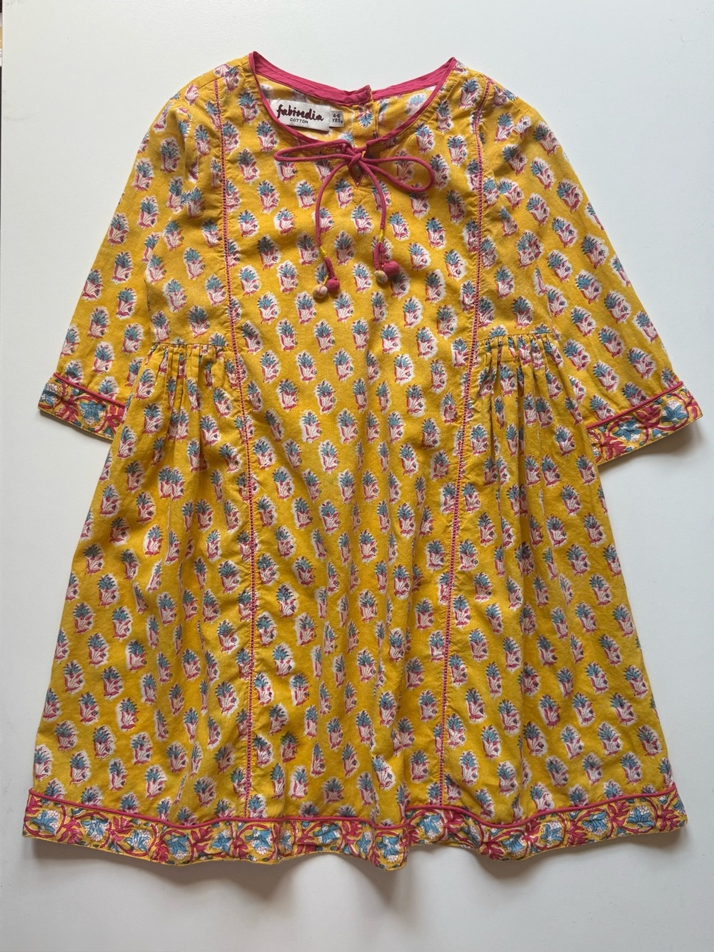Fabindia Girls Hand Block Printed Yellow Floral Dress - Size 4-6Y